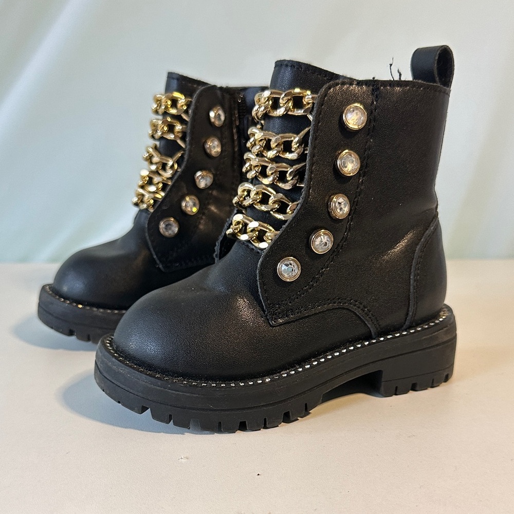 Kurt Geiger Little Girl Chic Black Boots with Gold Chains and Rhinestones Size 6